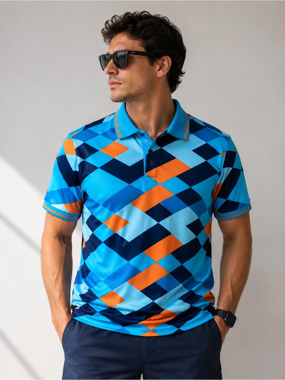 Club Room Blue and Orange Geometric Polo Shirt